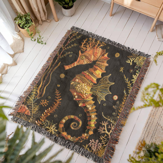 Beaded Look Seahorse Blanket – Woven Ocean-Inspired Throw | Golden Coral Art by Lace & Grit