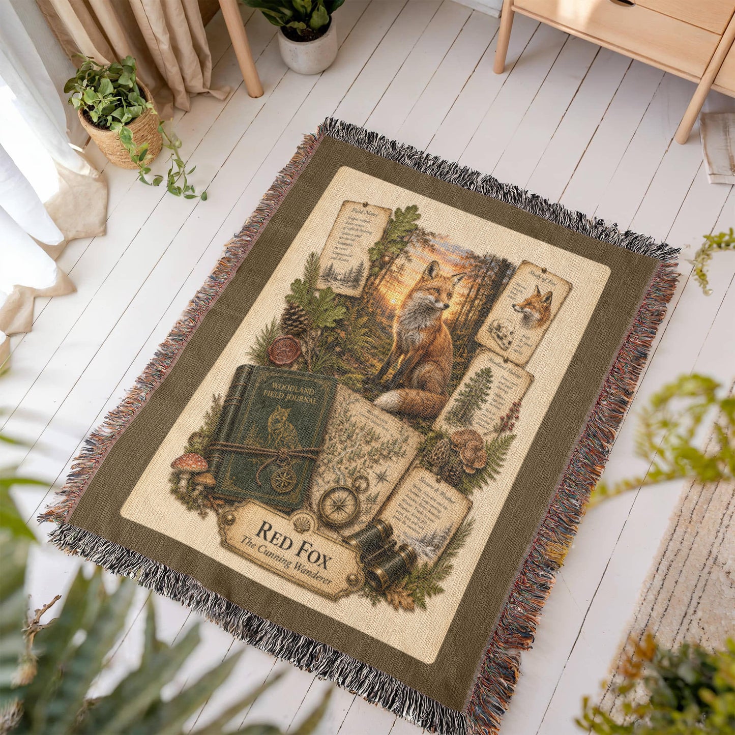 Red Fox Woven Throw Blanket | Woodland Animal Decor | Cotton Tapestry Throw | Naturalist Journal Gift