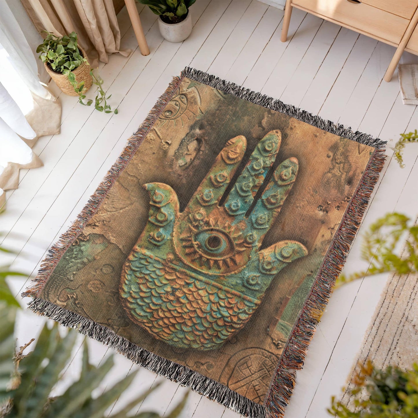 Embossed Hamsa Blanket – Boho Spiritual Woven Throw | Protective Symbol Decor by Lace & Grit
