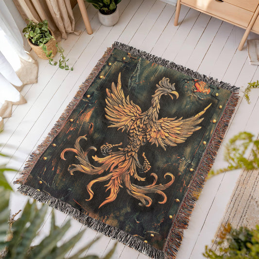 Emberborn Phoenix Blanket – Woven Mystical Firebird Emblem | Fantasy Artifact Decor by Lace & Grit
