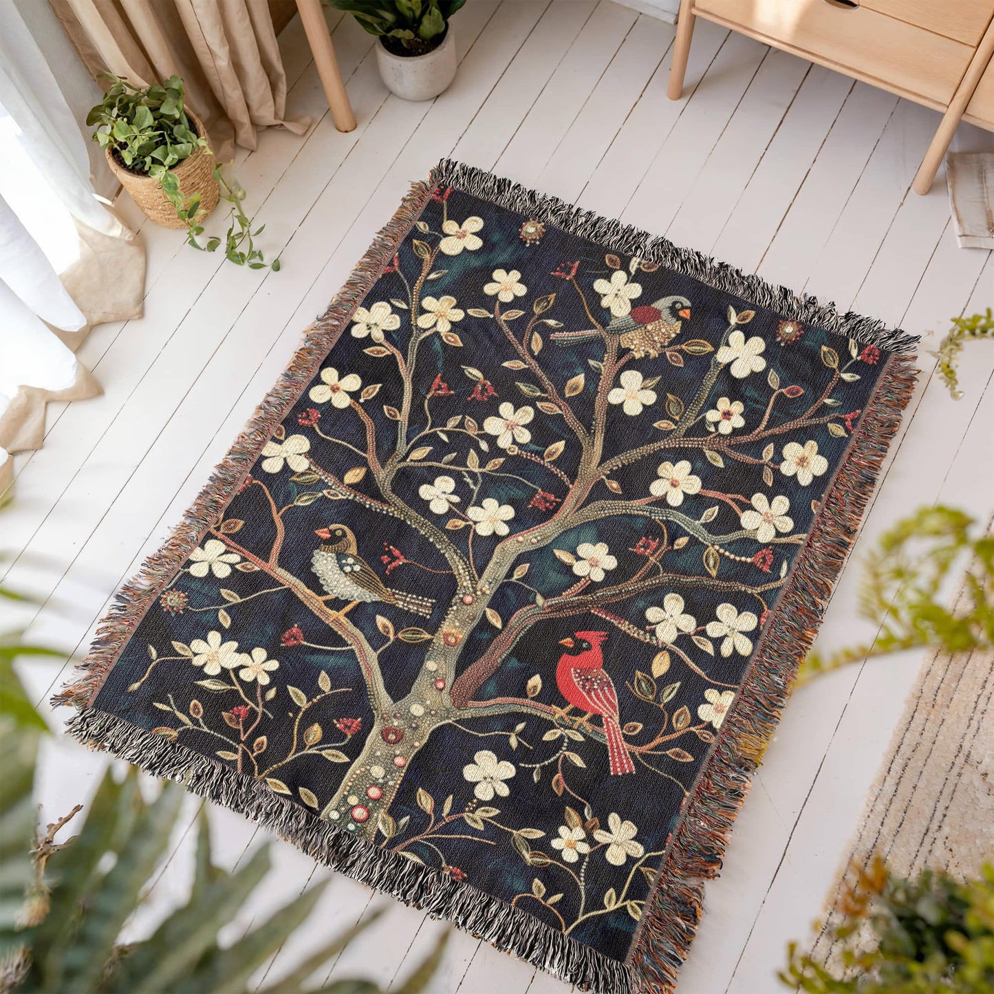 Blossom & Birds | Botanical Cardinal Woven Blanket for Cozy Boho Spaces