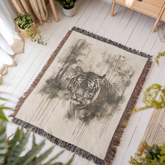 Silent Prowl Woven Blanket – Watercolor Tiger in Mist