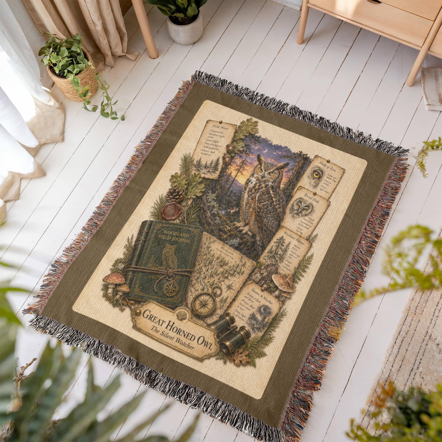 Great Horned Owl Woven Throw Blanket | Woodland Animal Decor | Cotton Tapestry Throw | Naturalist Journal Gift