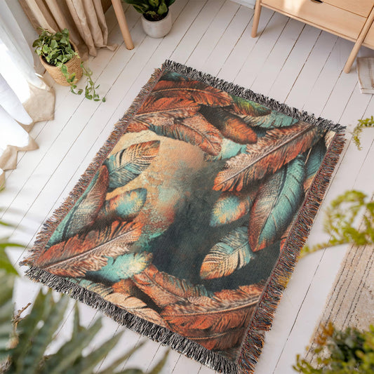 Embossed Feather Blanket – Boho-Inspired Woven Throw | Copper & Teal Artistic Decor by Lace & Grit
