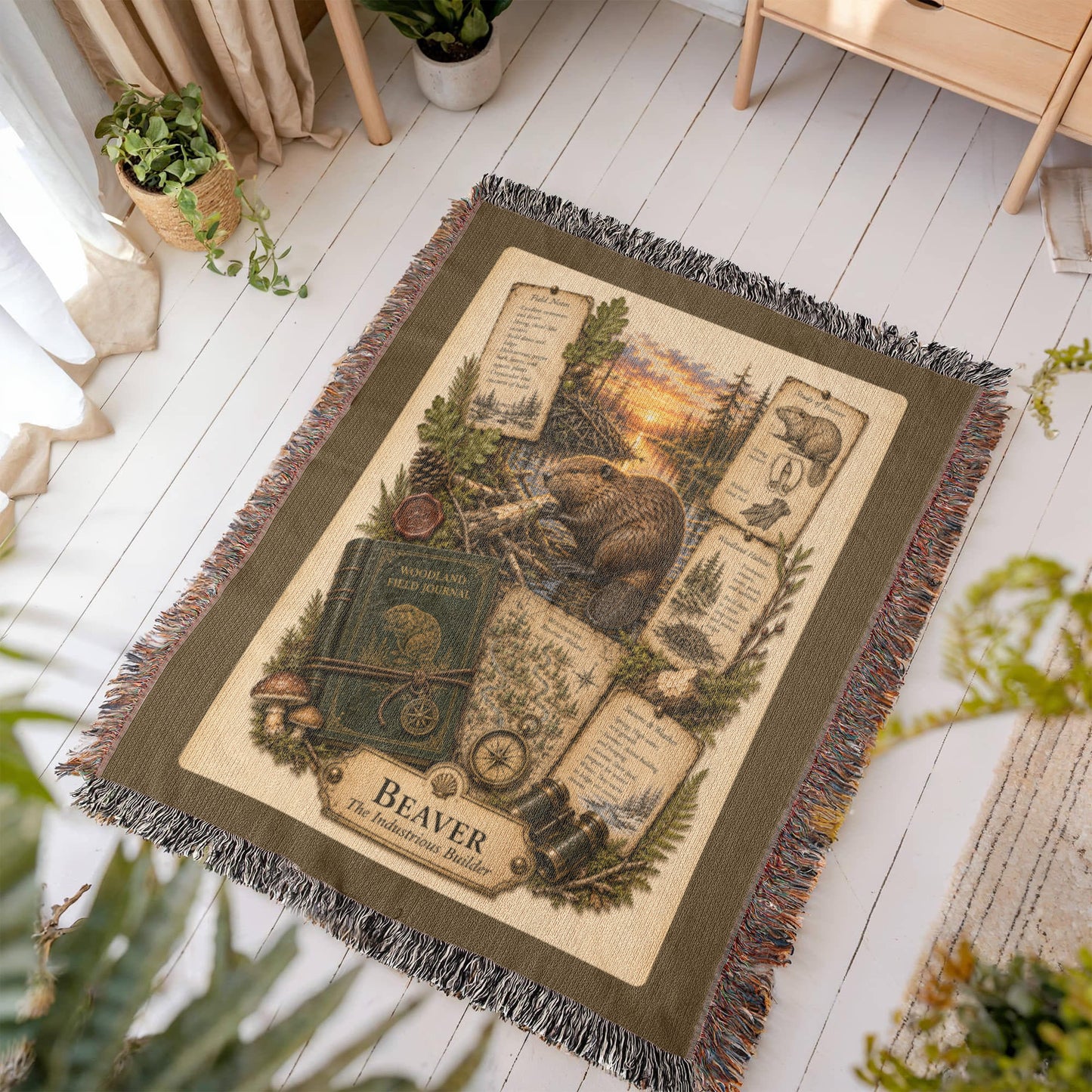 Beaver Woven Throw Blanket | Woodland Animal Decor | Cotton Tapestry Throw | Naturalist Journal Gift