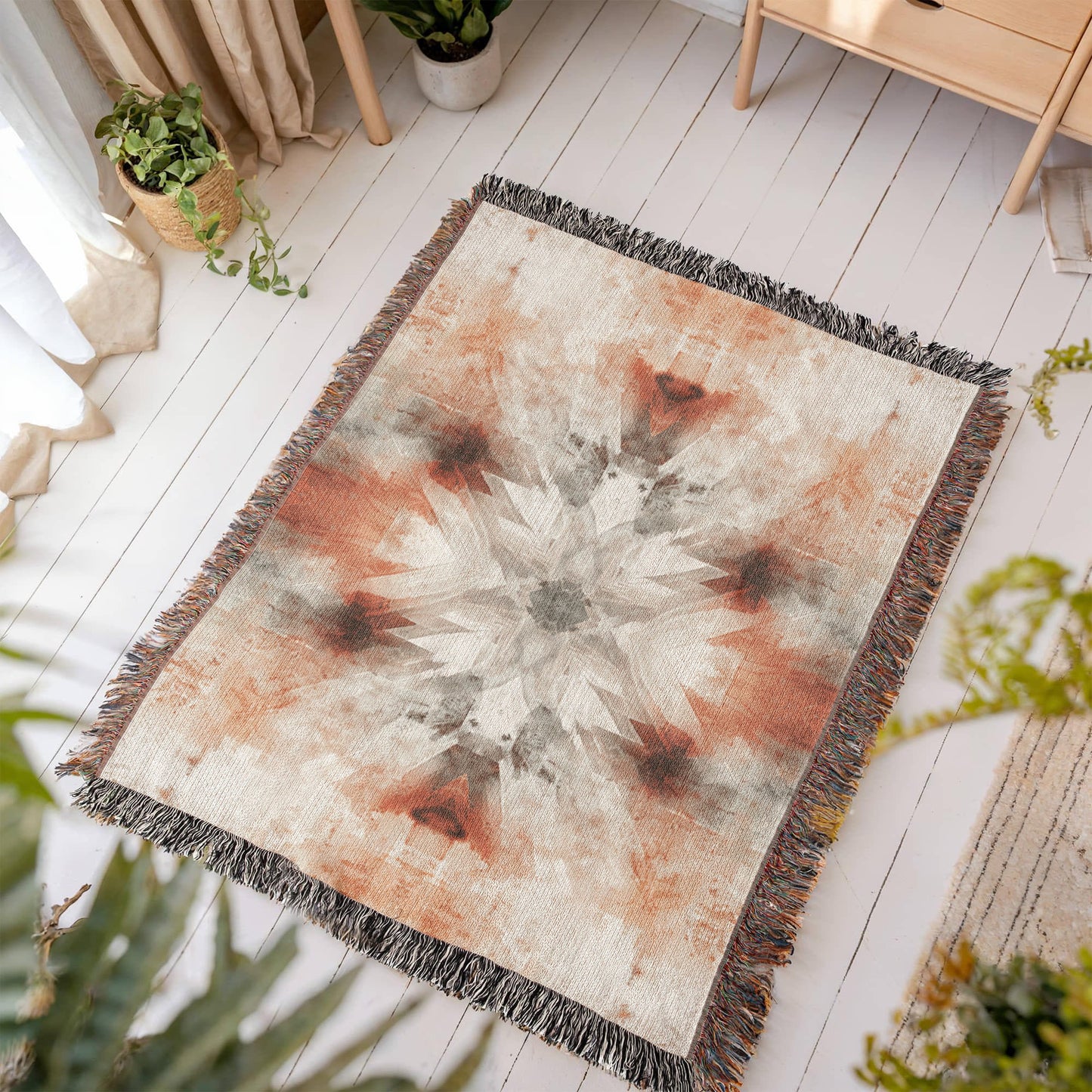 Red Earth Ritual Woven Blanket – Mystical Boho Sunburst Throw