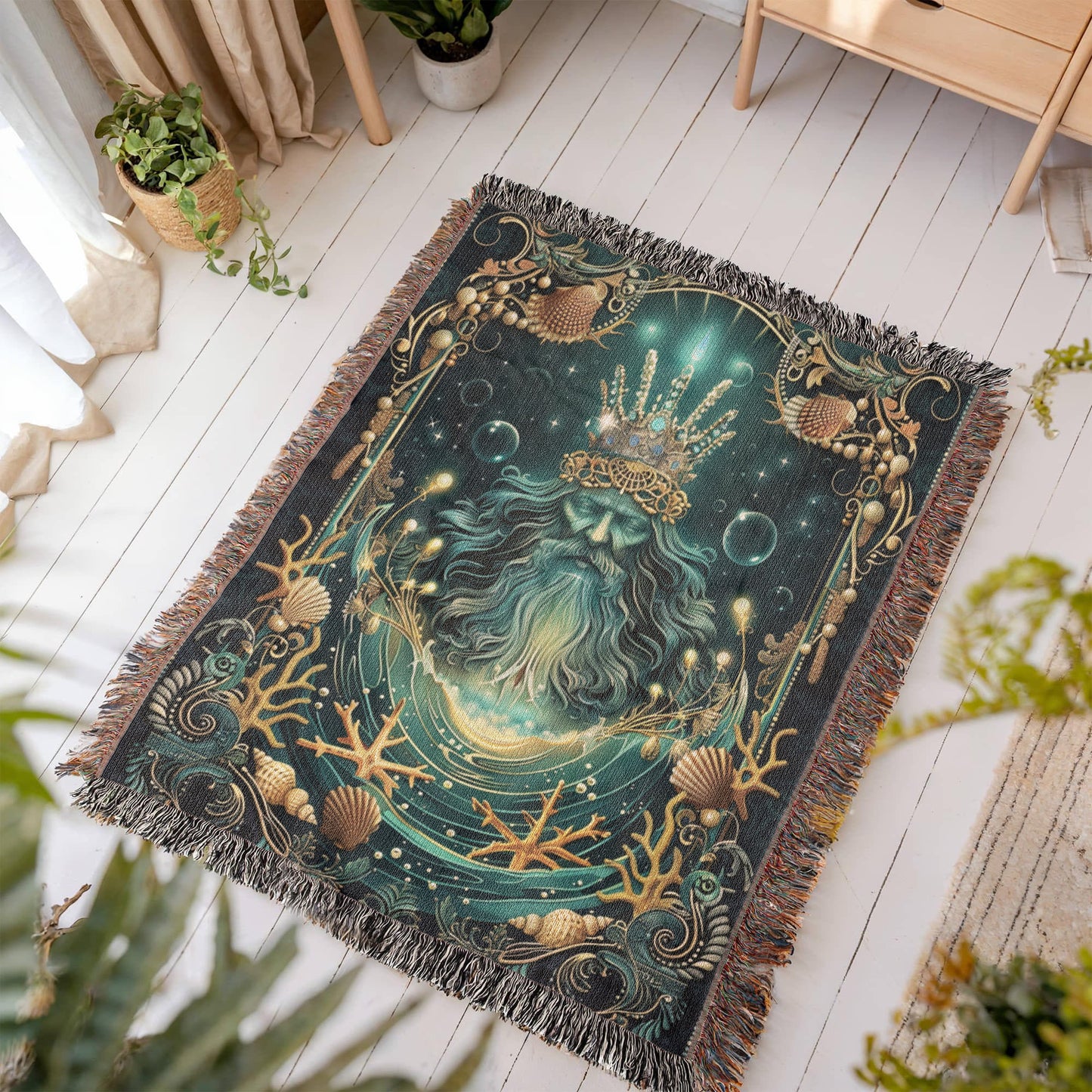 Beaded Look Neptune Blanket – Woven Sea King Throw | Ocean Mythology Decor by Lace & Grit