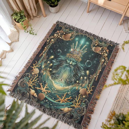 Beaded Look Neptune Blanket – Woven Sea King Throw | Ocean Mythology Decor by Lace & Grit