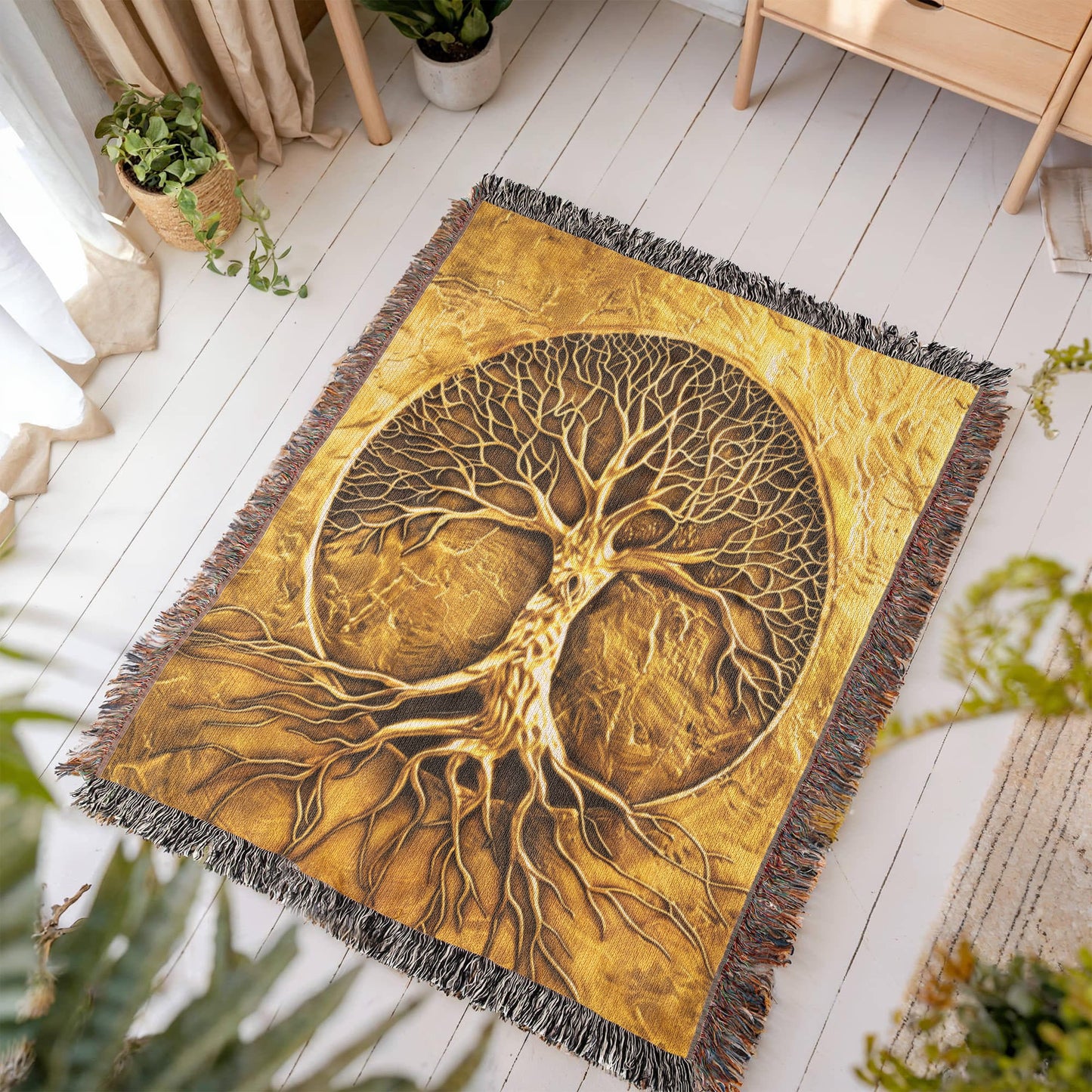 Embossed Tree of Life Blanket – Golden Woven Throw | Symbolic Boho Decor by Lace & Grit