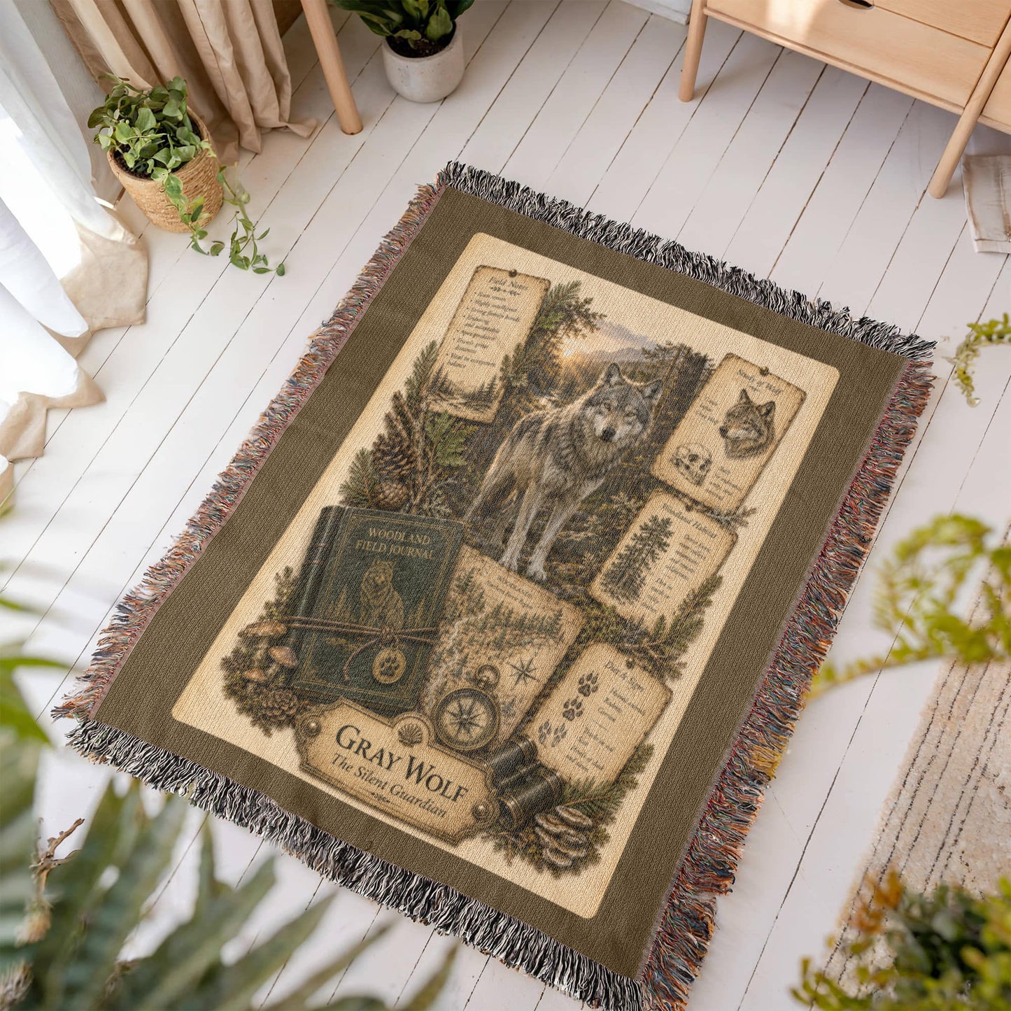 Gray Wolf Woven Throw Blanket | Woodland Animal Decor | Cotton Tapestry Throw | Naturalist Journal Gift