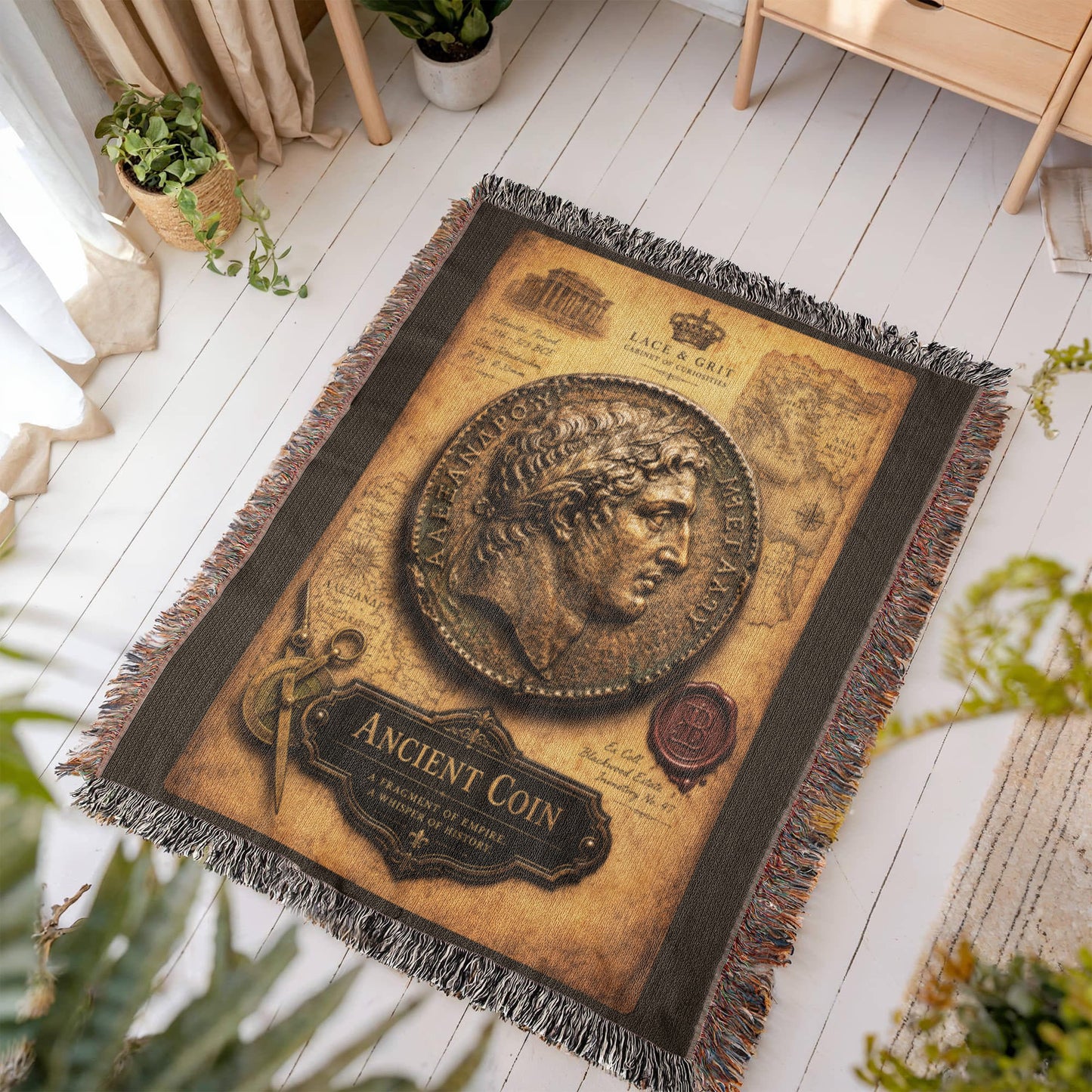 Ancient Coin Woven Throw Blanket | Cabinet of Curiosities Decor | Cotton Tapestry | Archaeology History Gift
