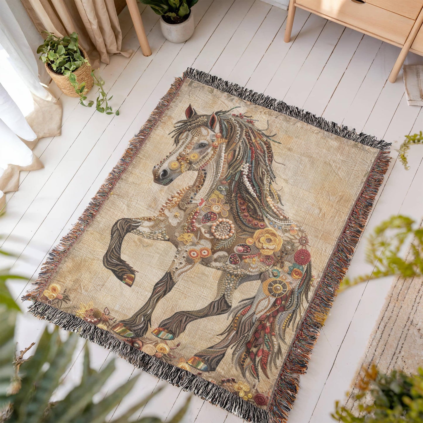 Beaded Spirit Horse Woven Blanket – Boho Western Home Decor