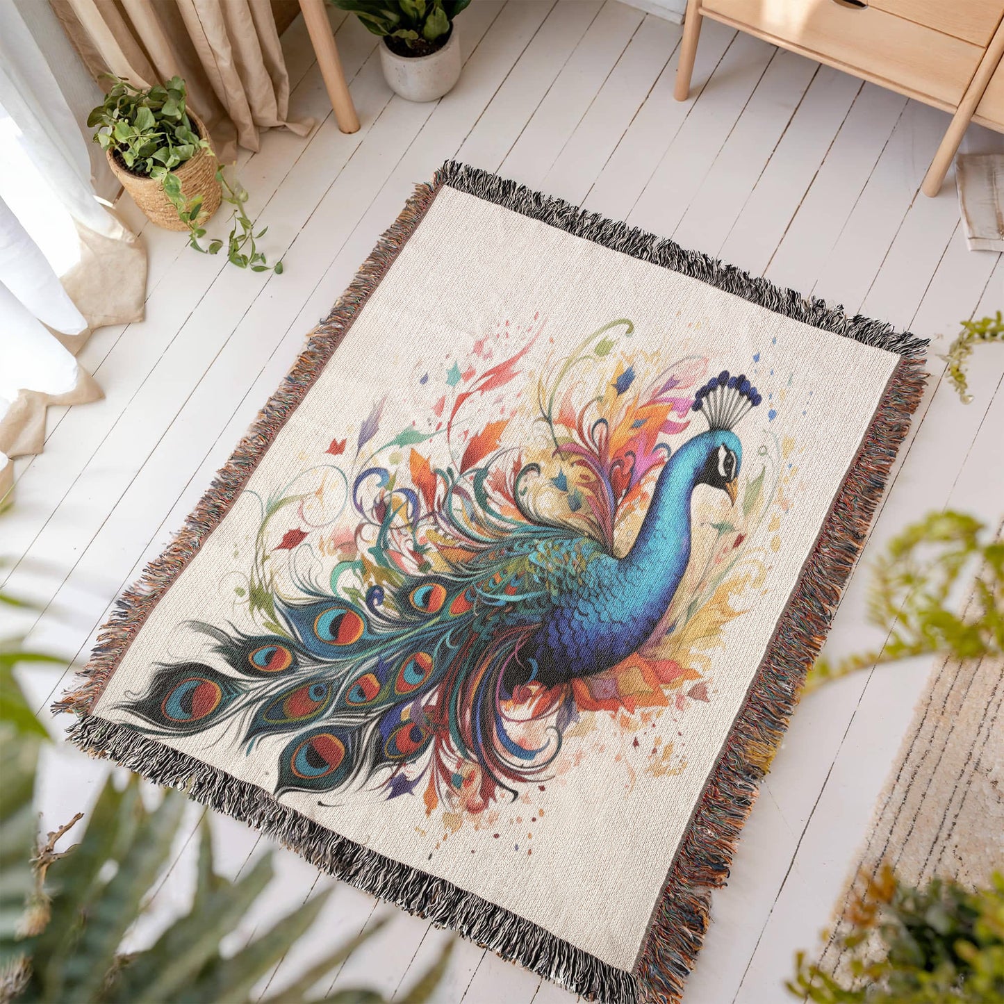 Plumefire Woven Blanket – Watercolor Peacock in Full Display