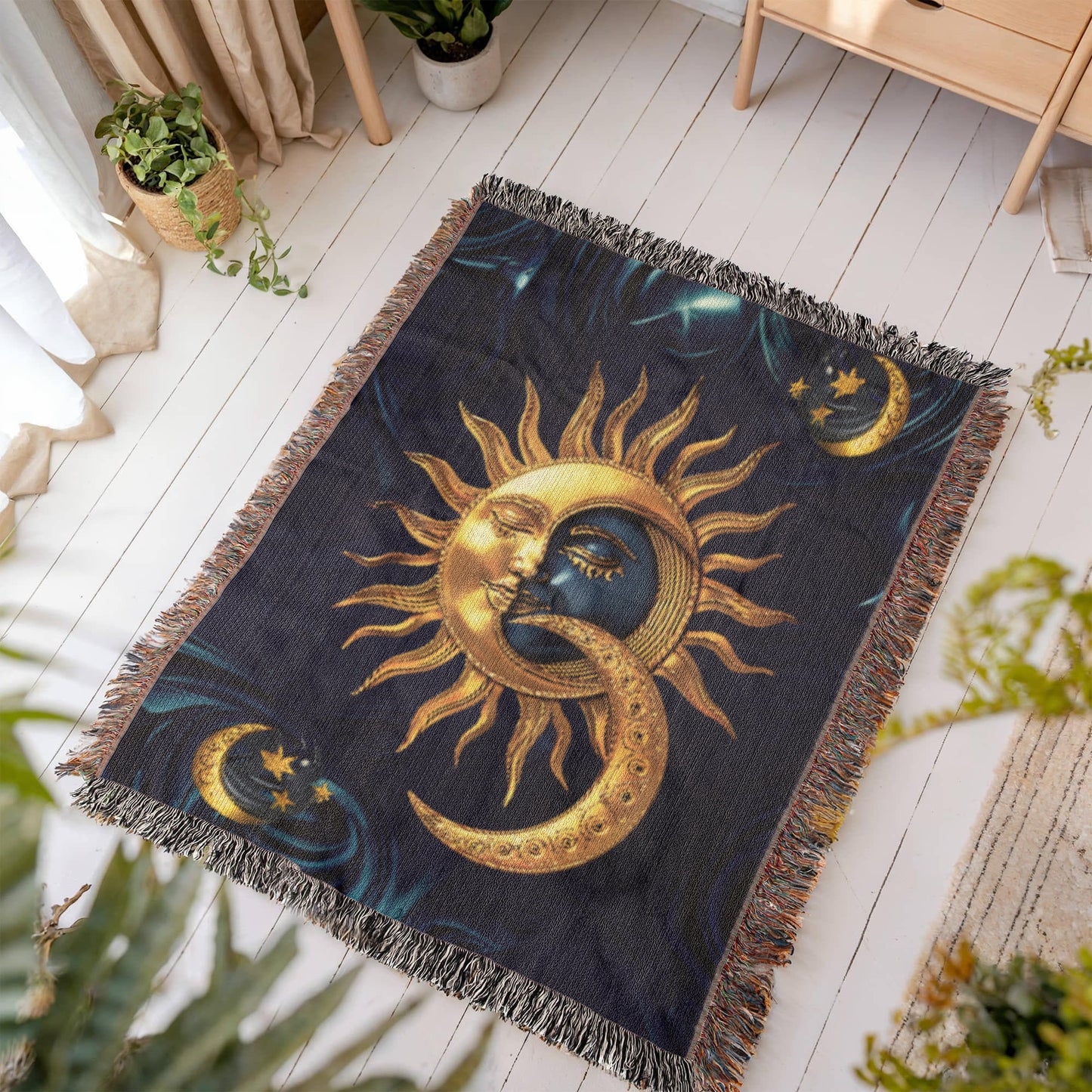 Embossed Sun & Moon Blanket – Celestial Woven Throw | Cosmic Boho Decor by Lace & Grit