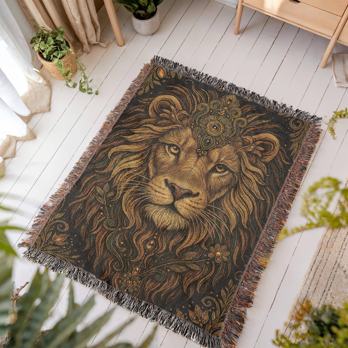 Beaded Lion Blanket – Spiritual Strength & Regal Bohemian Tapestry Throw