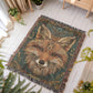 Boho Beaded Fox Blanket – Intricate Woven Art with Forest Green Background | Rustic Animal Decor Throw
