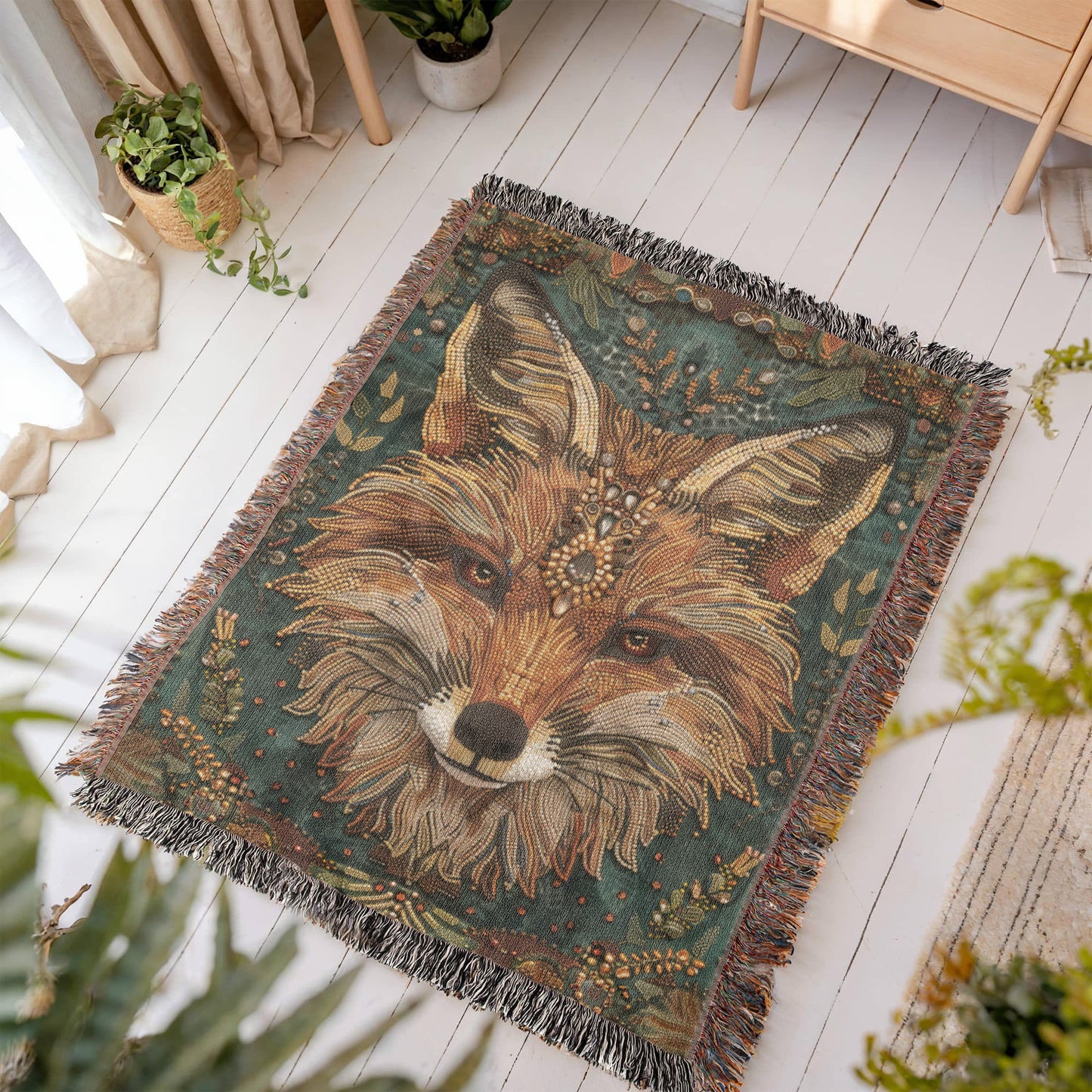Boho Beaded Fox Blanket – Intricate Woven Art with Forest Green Background | Rustic Animal Decor Throw
