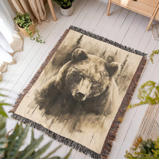 Forest Watcher Woven Blanket – Watercolor Bear in Woodland Mist