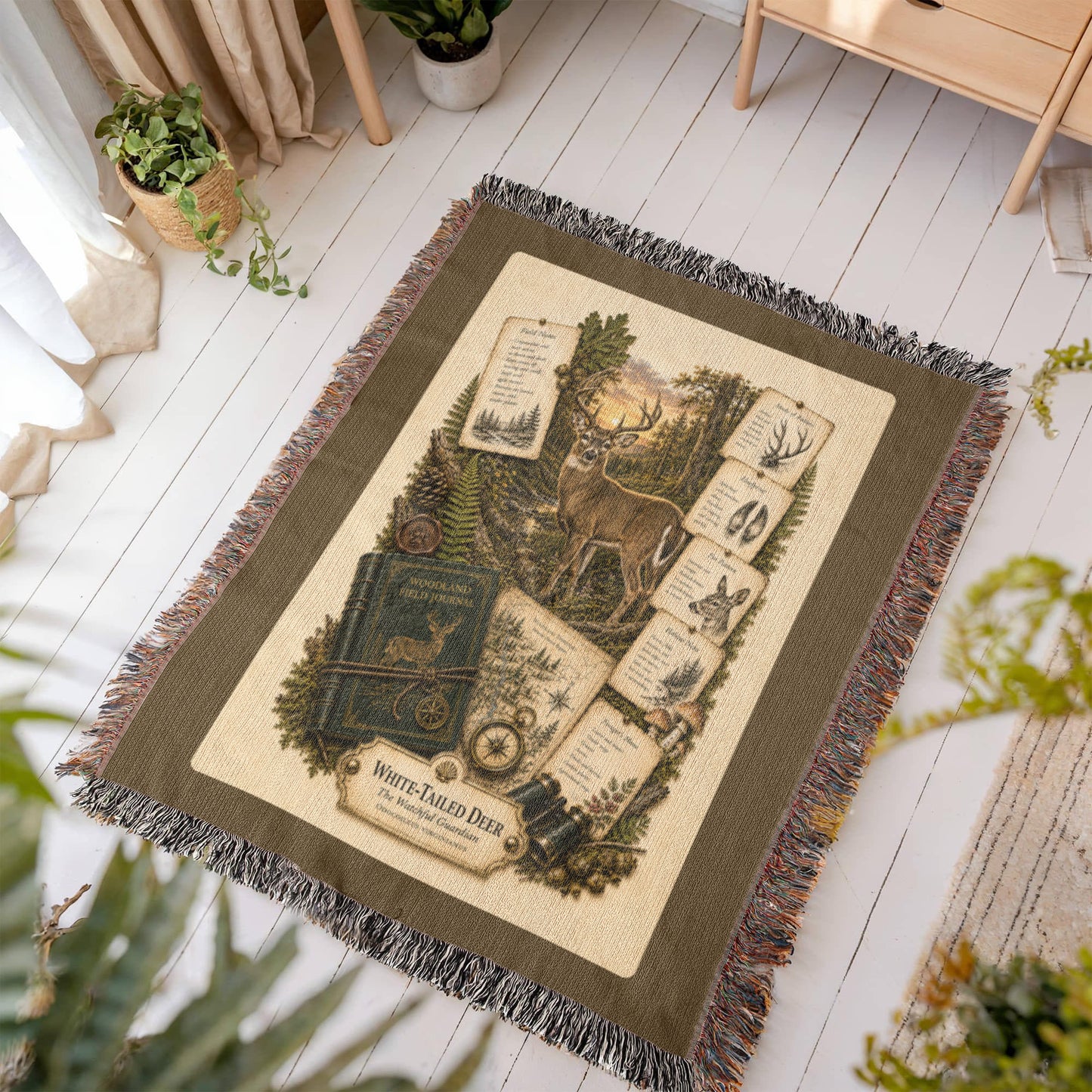 White-Tailed Deer Woven Throw Blanket | Woodland Animal Decor | Cotton Tapestry Throw | Naturalist Journal Gift
