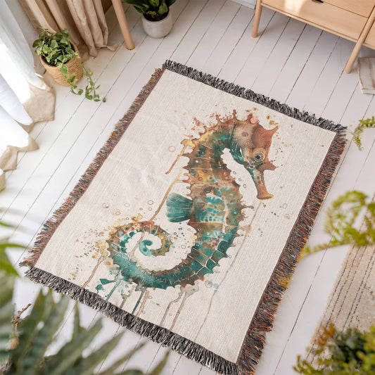 Cindertide Woven Blanket – Watercolor Seahorse with Drip Effect