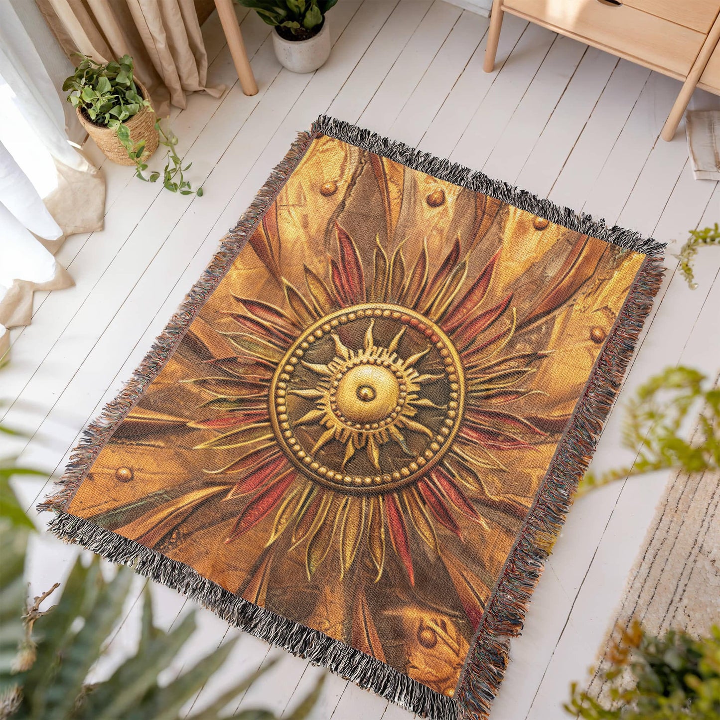 Embossed Sunburst Blanket – Golden Woven Throw | Radiant Boho Decor by Lace & Grit