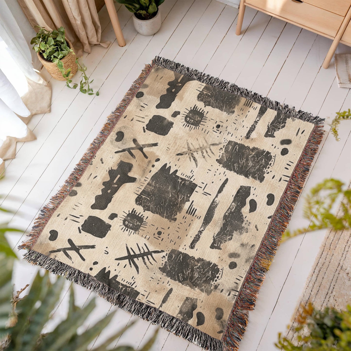 Nomad Script Woven Blanket – Primitive Abstract Boho Throw