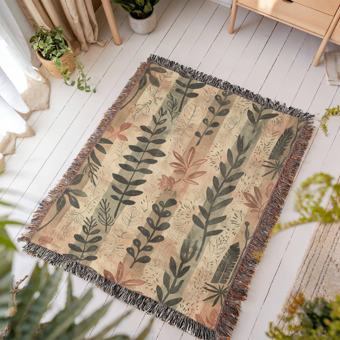 Whispering Leaves Woven Blanket – Boho Botanical Nature Throw