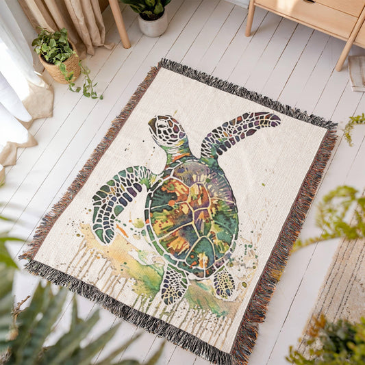 Coralwake Woven Blanket – Watercolor Sea Turtle in Motion