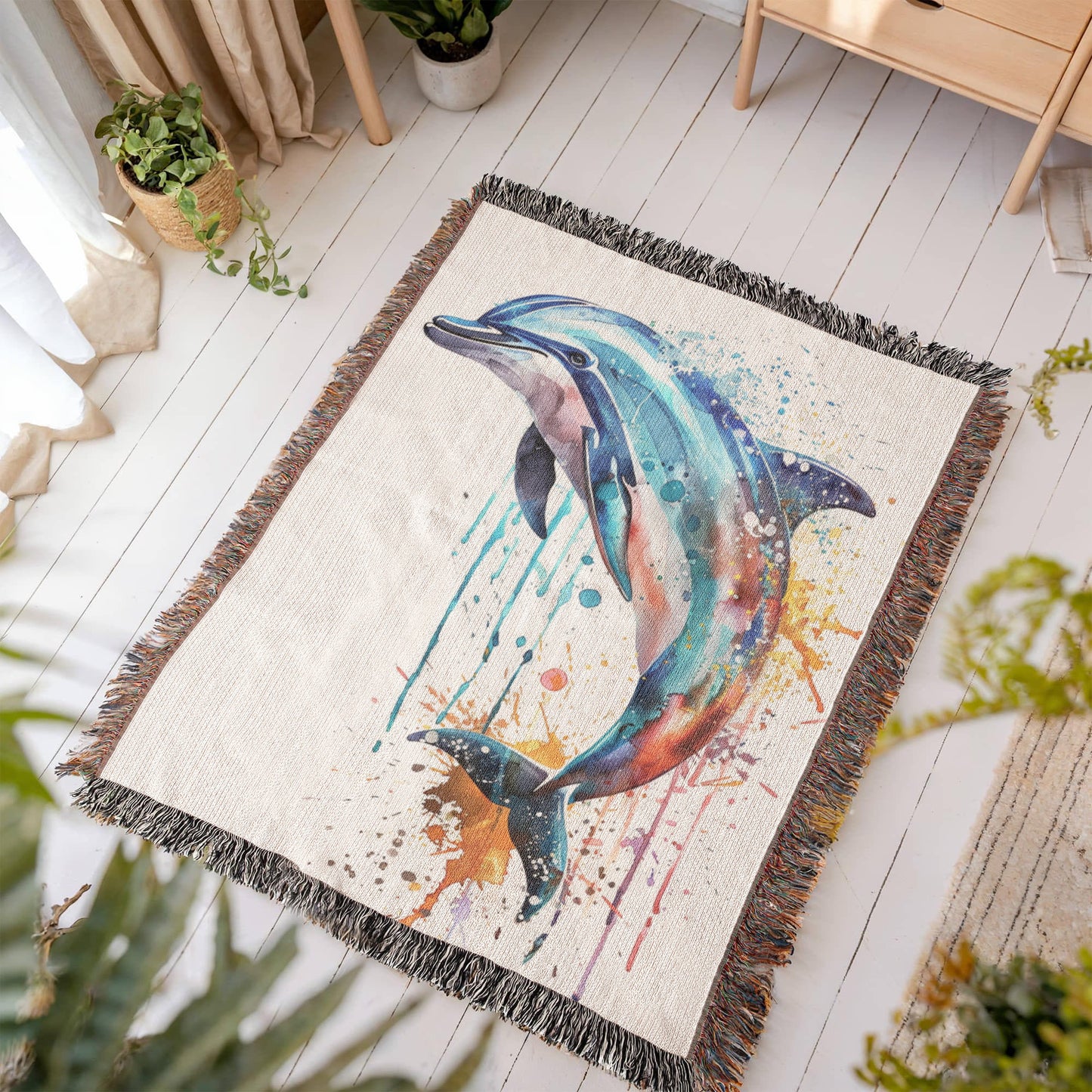 Tidewater Woven Blanket – Watercolor Dolphin in Motion