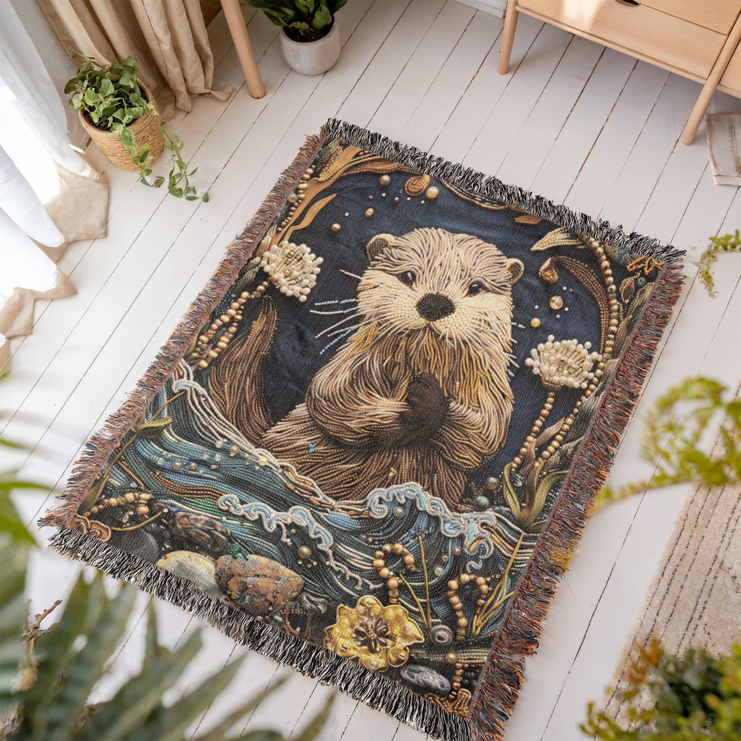Beaded Look River Otter Blanket – Woven Nature-Inspired Throw | Cozy Animal Art by Lace & Grit