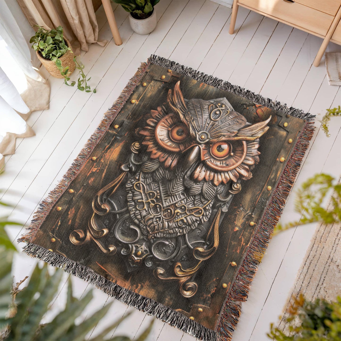 Emberwatch Owl Blanket – Woven Mystical Guardian Emblem | Fantasy Artifact Decor by Lace & Grit