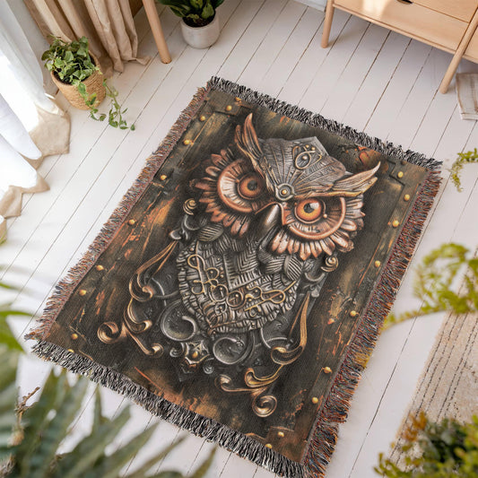 Emberwatch Owl Blanket – Woven Mystical Guardian Emblem | Fantasy Artifact Decor by Lace & Grit