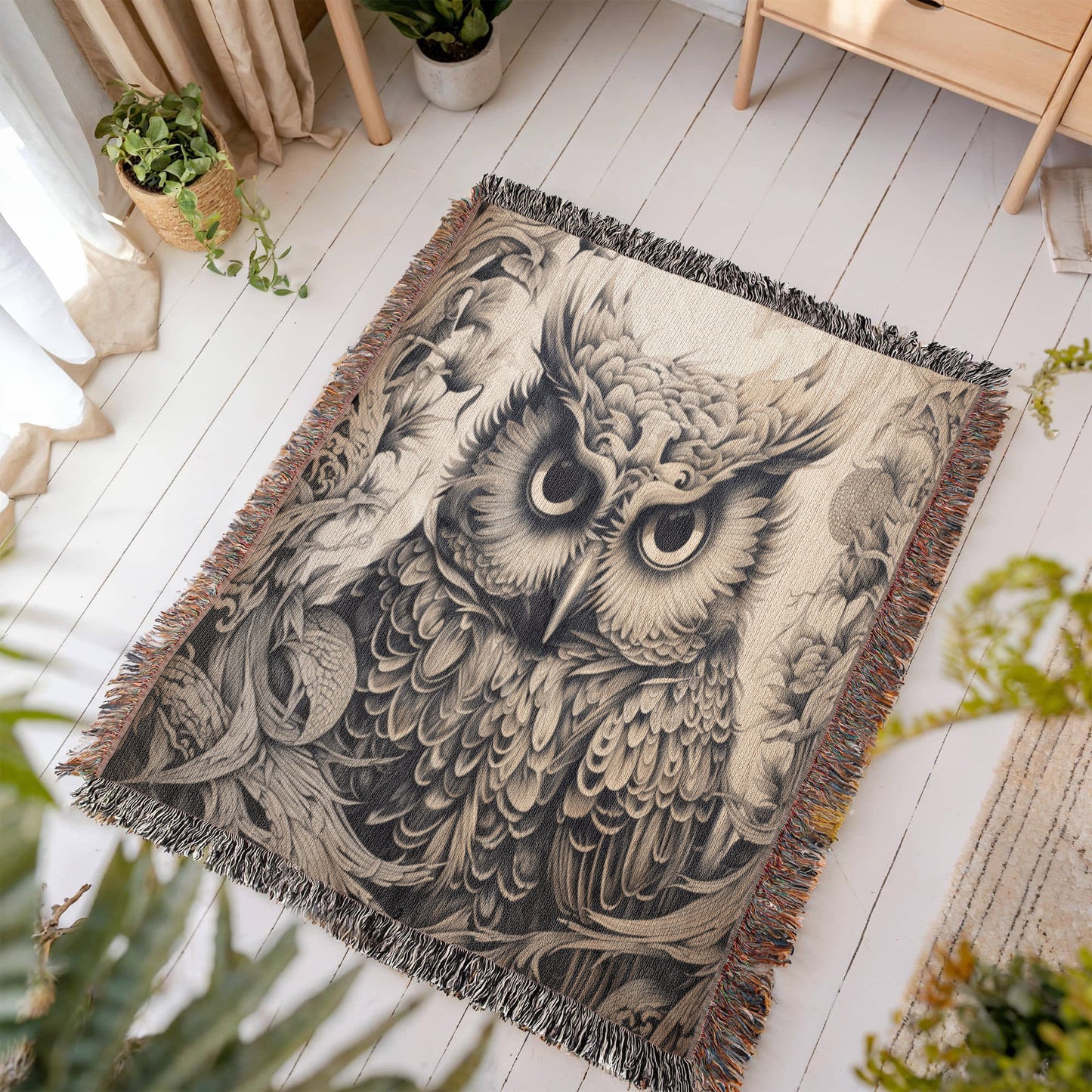 Mystical Owl Woven Blanket – Boho Wildlife Tapestry Throw | Intricate Nature-Inspired Decor