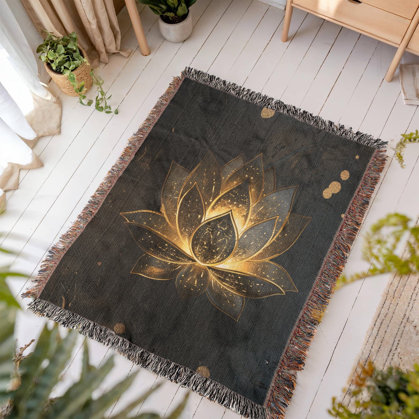 Embossed Lotus Blanket – Golden Woven Throw | Spiritual Boho Decor by Lace & Grit