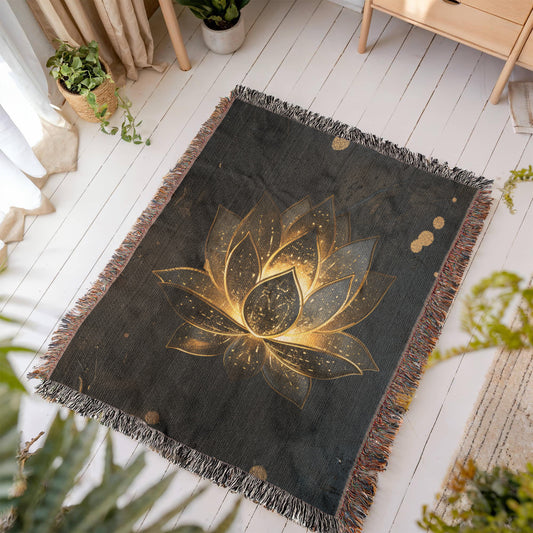 Embossed Lotus Blanket – Golden Woven Throw | Spiritual Boho Decor by Lace & Grit