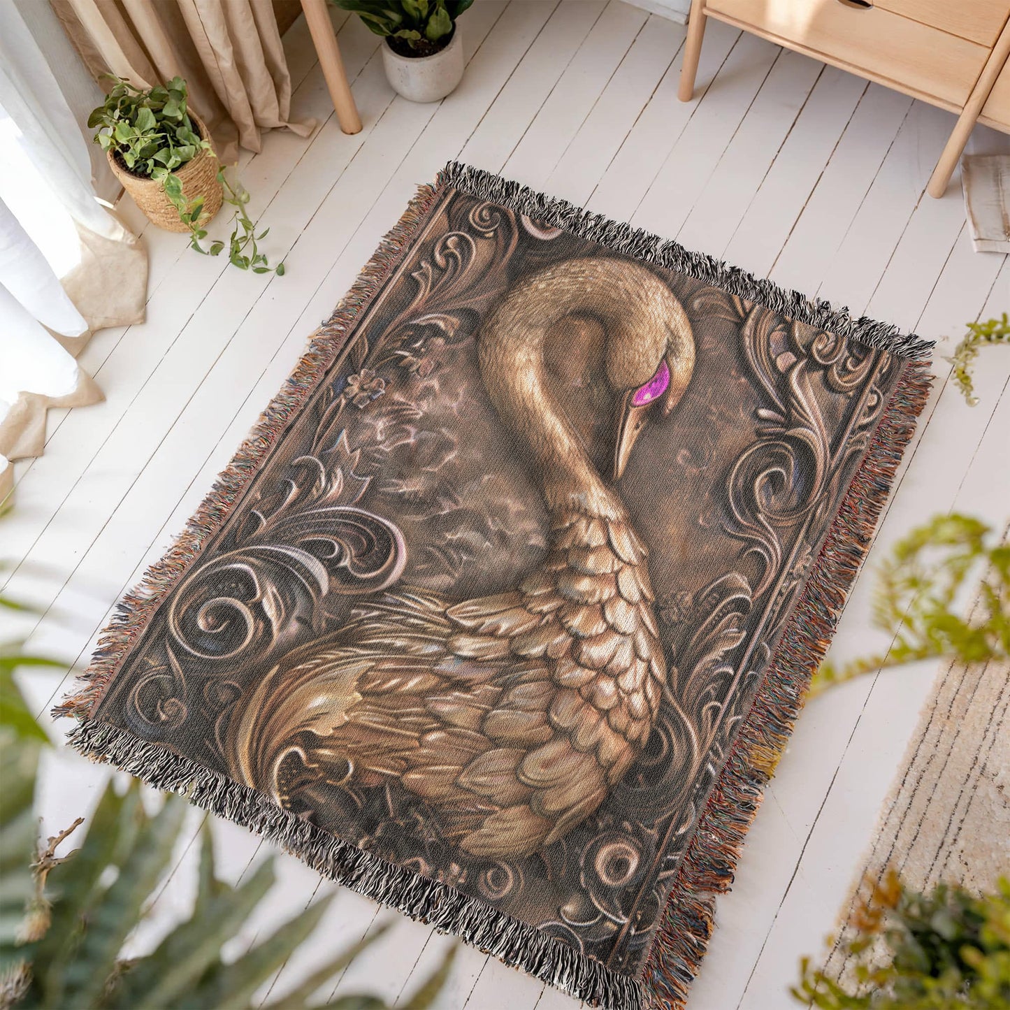 Embossed Swan Blanket – Bronze Woven Throw | Elegant Boho Decor by Lace & Grit