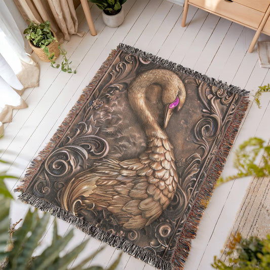 Embossed Swan Blanket – Bronze Woven Throw | Elegant Boho Decor by Lace & Grit