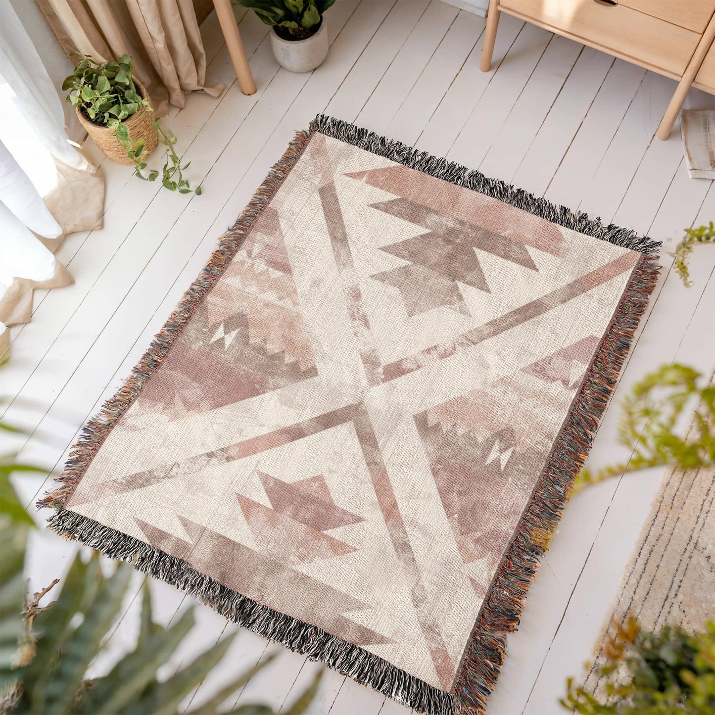 Desert Bloom Woven Blanket – Faded Blush Tribal Boho Throw