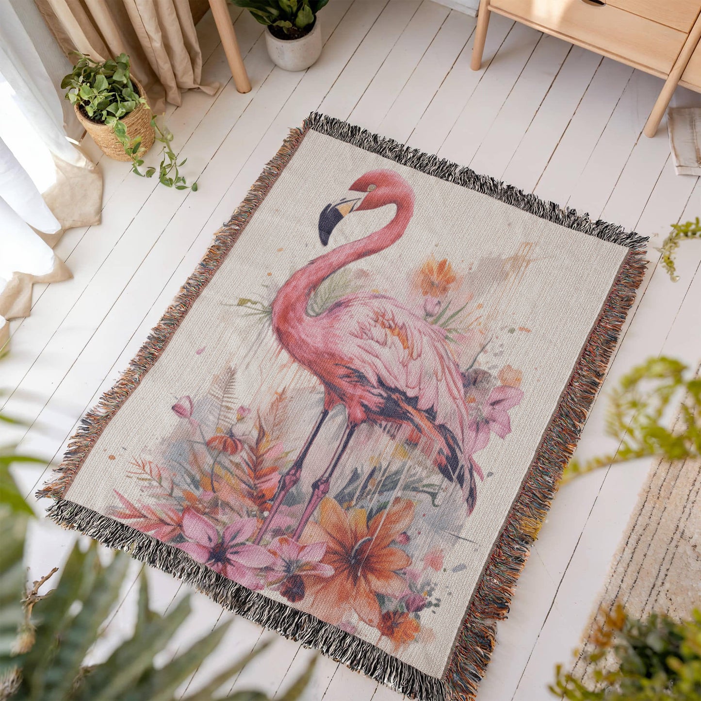 Sunwade Woven Blanket – Watercolor Flamingo in Blush Tones