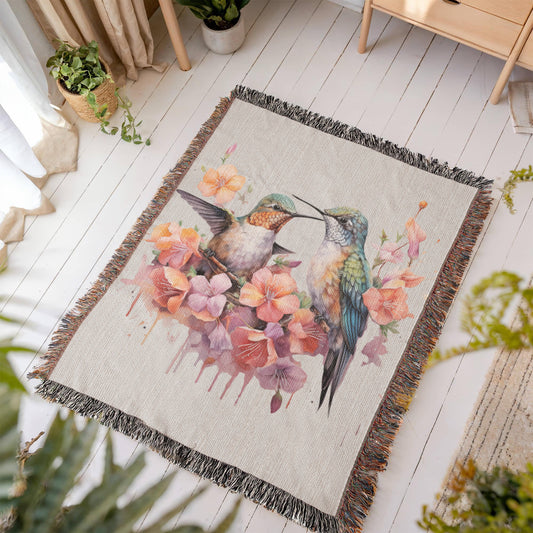 Skykiss Woven Blanket – Watercolor Hummingbirds in Bloom