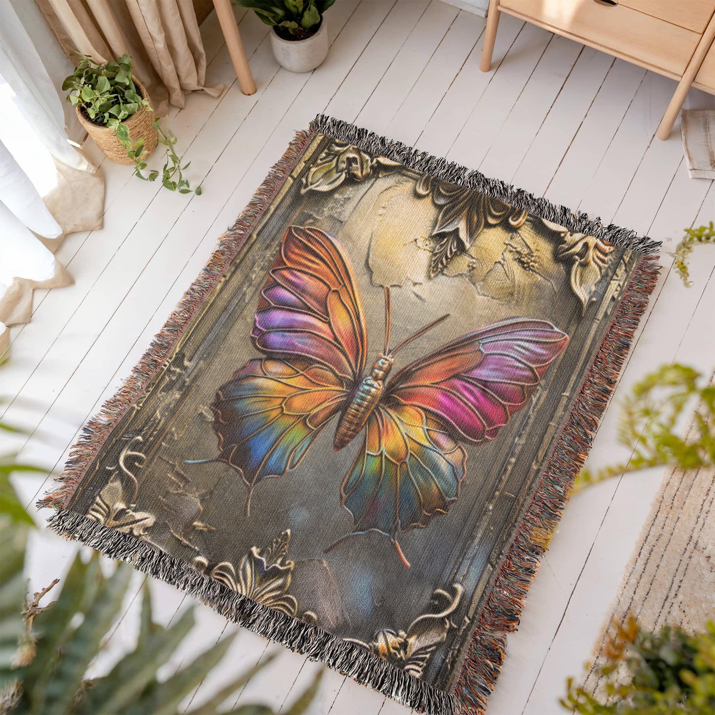 Embossed Butterfly Blanket – Iridescent Woven Throw | Symbolic Boho Decor by Lace & Grit