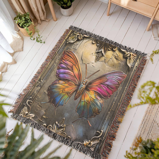 Embossed Butterfly Blanket – Iridescent Woven Throw | Symbolic Boho Decor by Lace & Grit