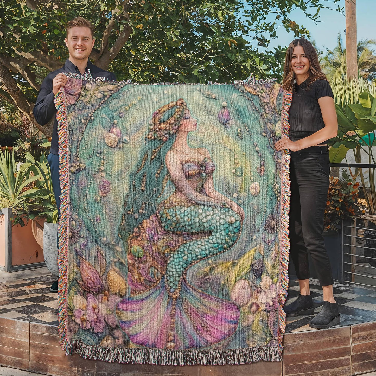 Beaded Look Mermaid Blanket – Woven Ocean-Inspired Throw | Fantasy Mermaid Decor by Lace & Grit