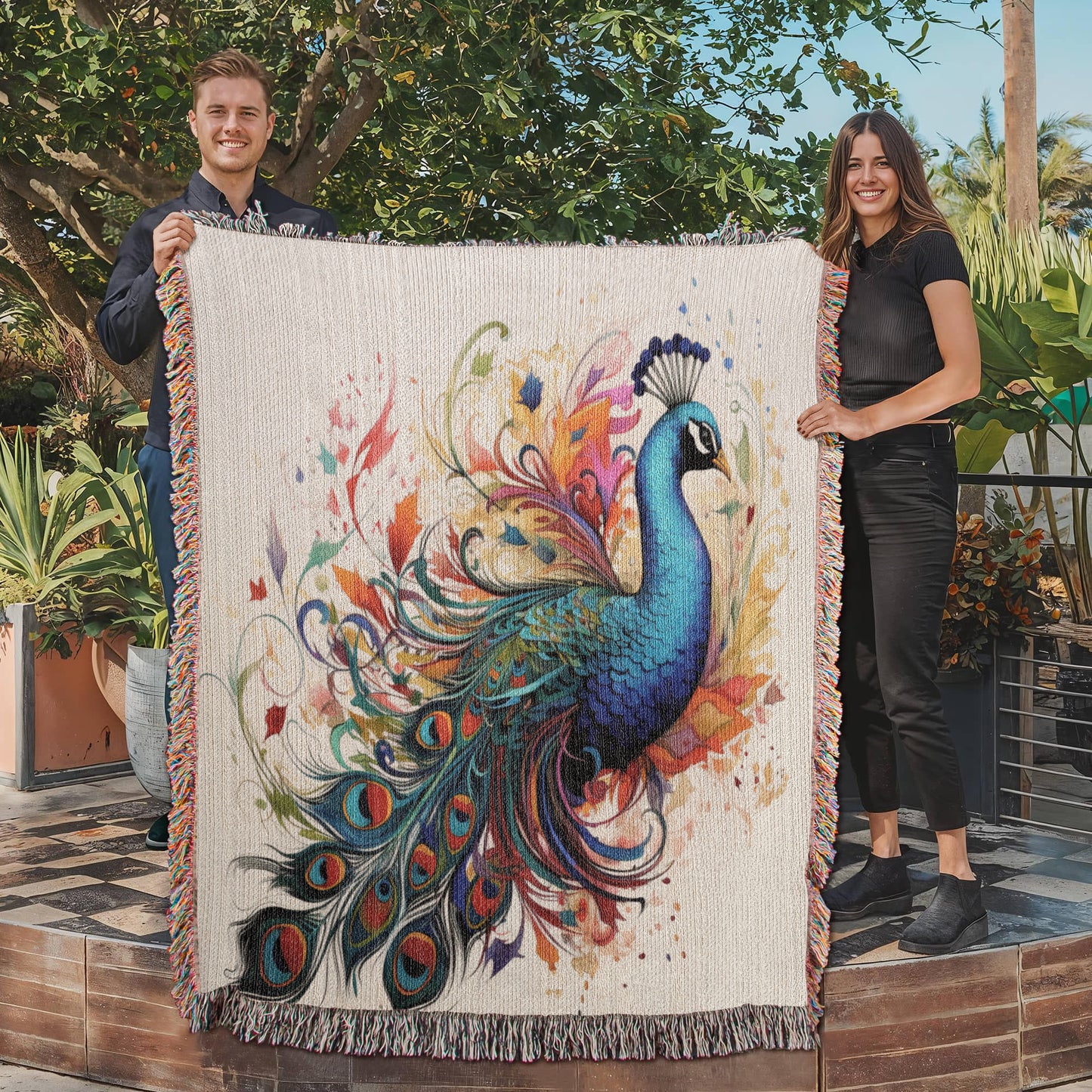 Plumefire Woven Blanket – Watercolor Peacock in Full Display