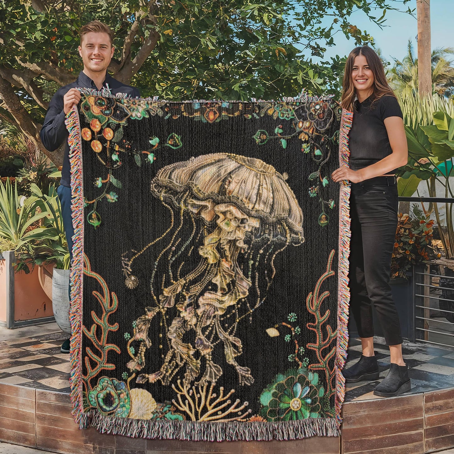 Beaded Look Jellyfish Blanket – Ocean-Inspired Woven Throw | Undersea Boho Decor by Lace & Grit