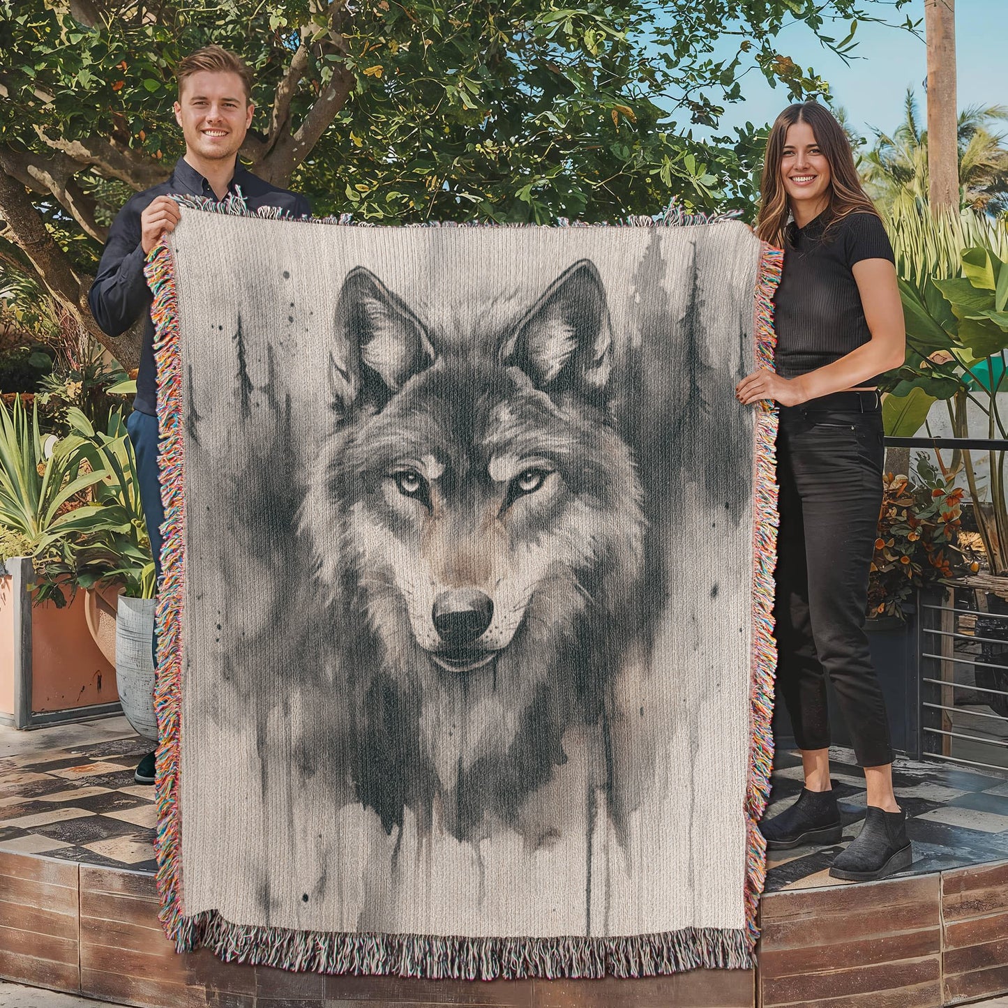 Lone Wolf Woven Blanket – Watercolor Wildlife Throw | Rustic Boho Cabin Decor