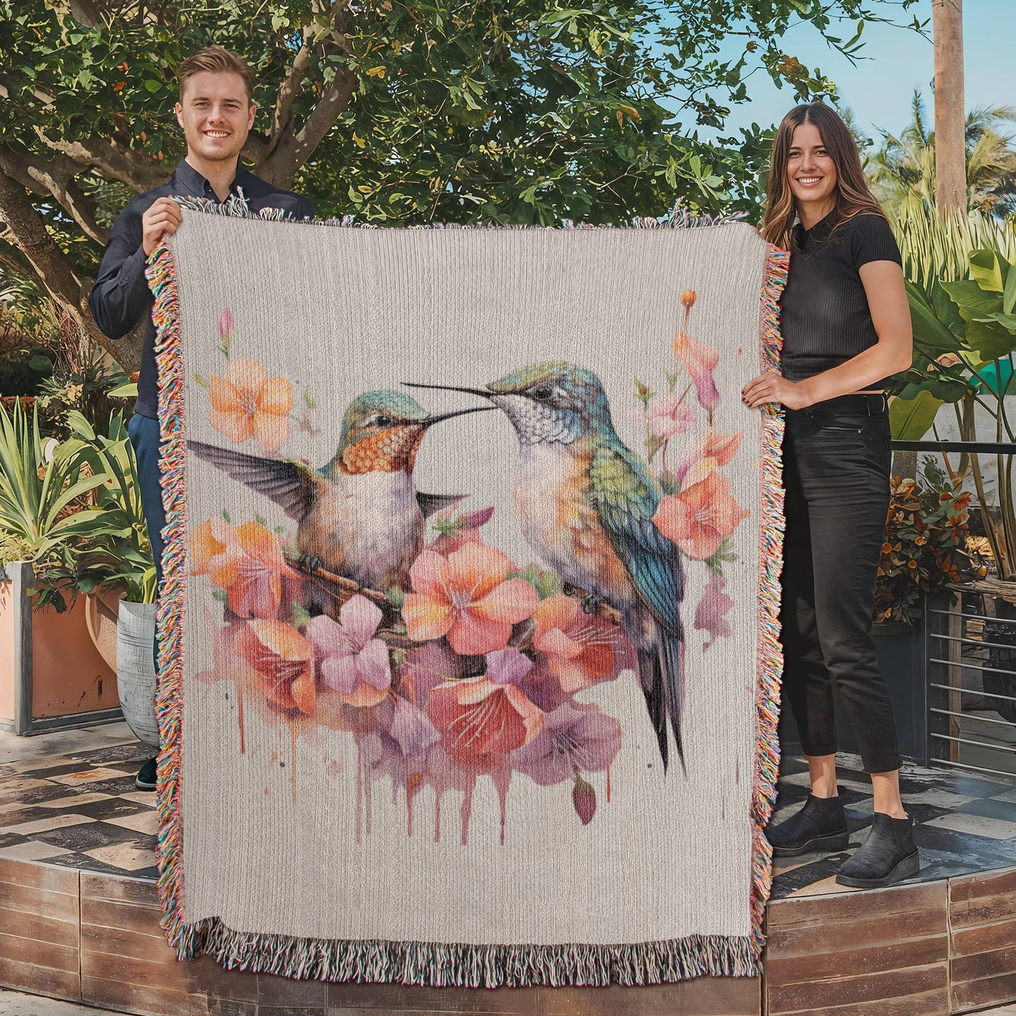 Skykiss Woven Blanket – Watercolor Hummingbirds in Bloom