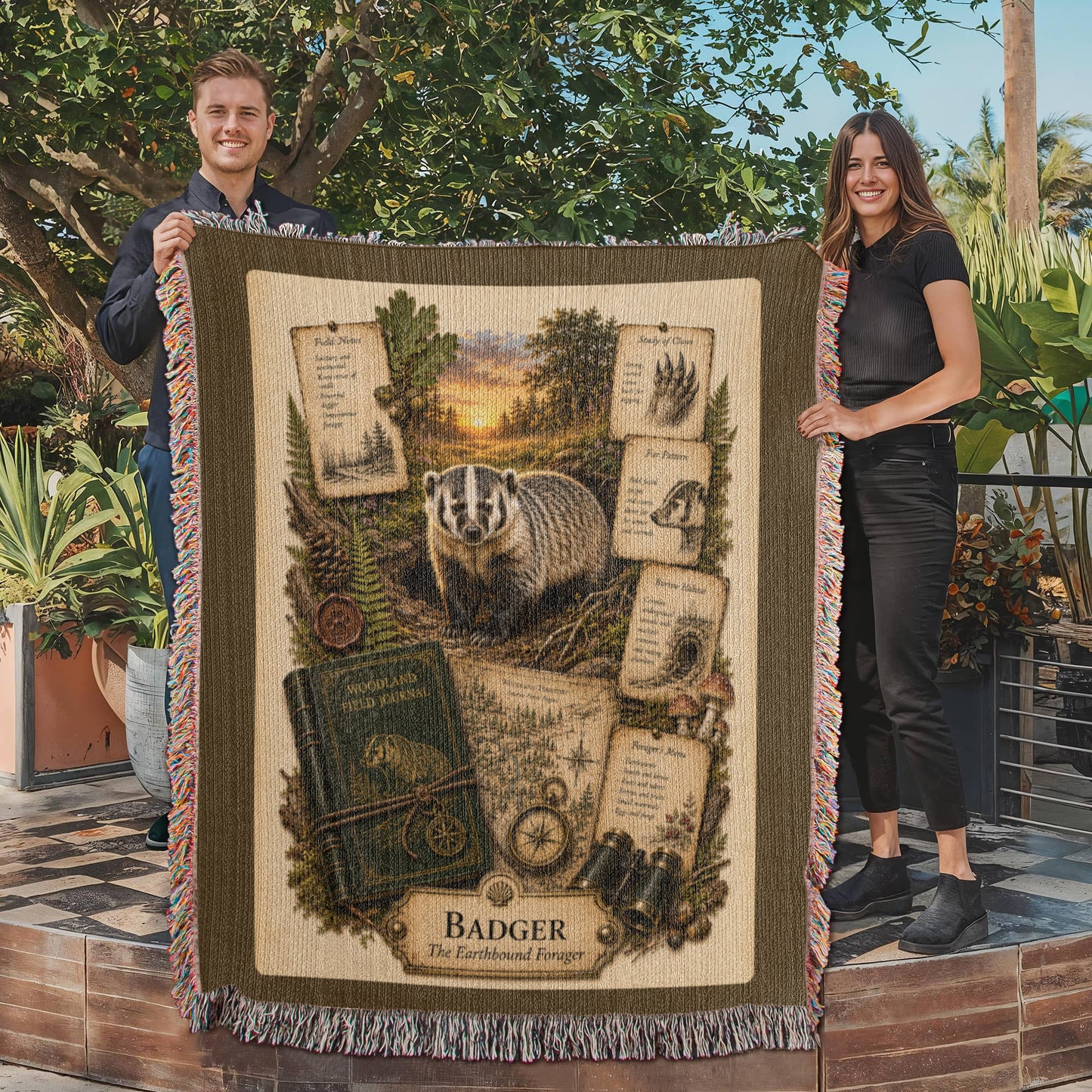 Badger Woven Throw Blanket | Woodland Animal Decor | Cotton Tapestry Throw | Naturalist Journal Gift