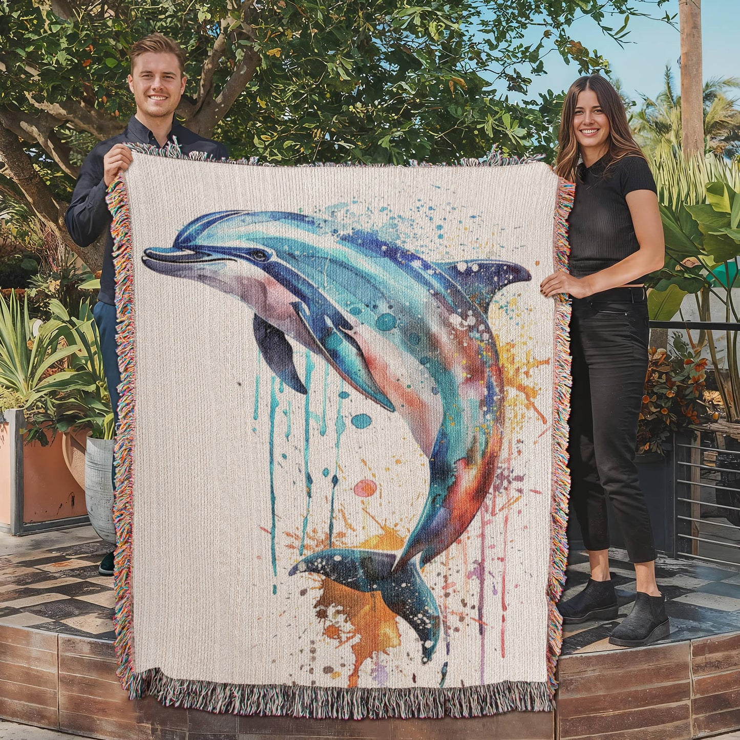Tidewater Woven Blanket – Watercolor Dolphin in Motion