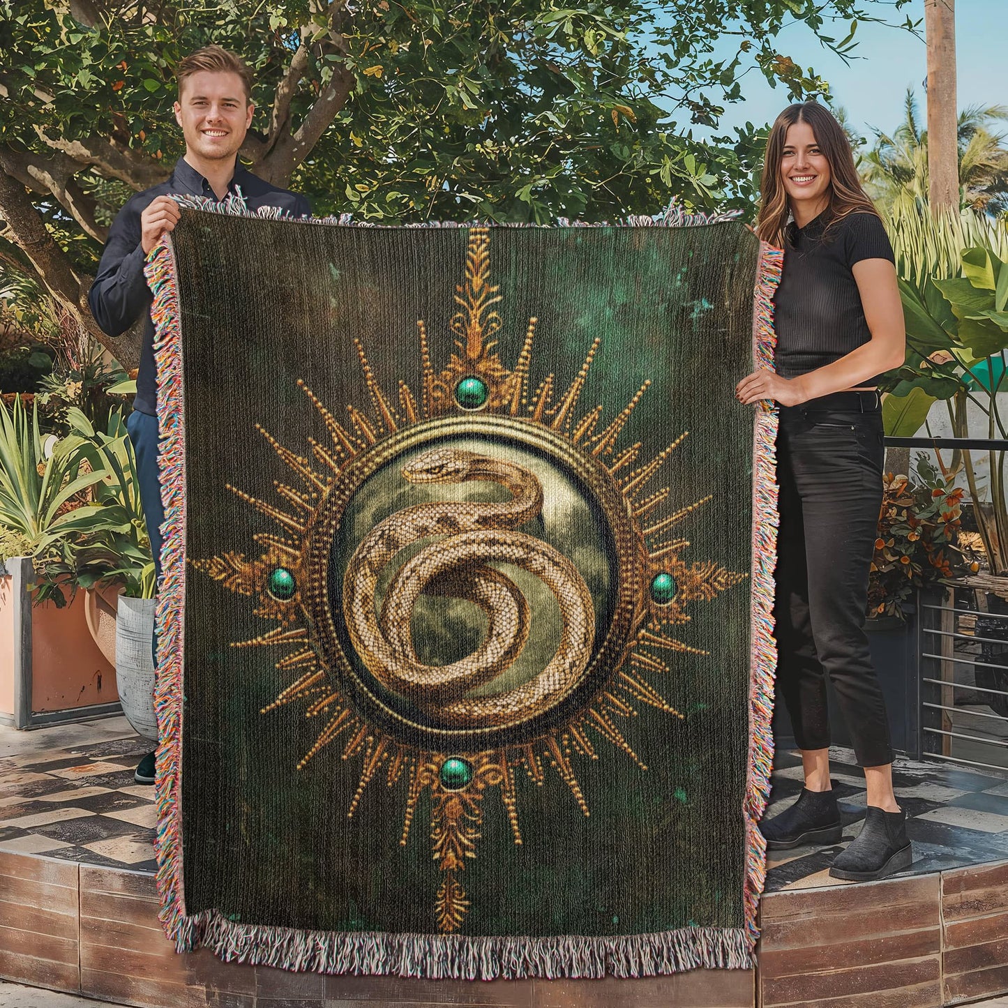 Beaded Look Serpent Seal Blanket – Woven Mystical Snake Emblem Throw | Fantasy Decor by Lace & Grit